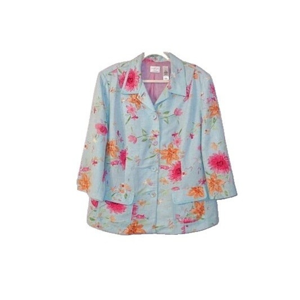 Floral Linen Blend Jacket Blazer Size 18W Pockets Cottagecore Coastal Colorful